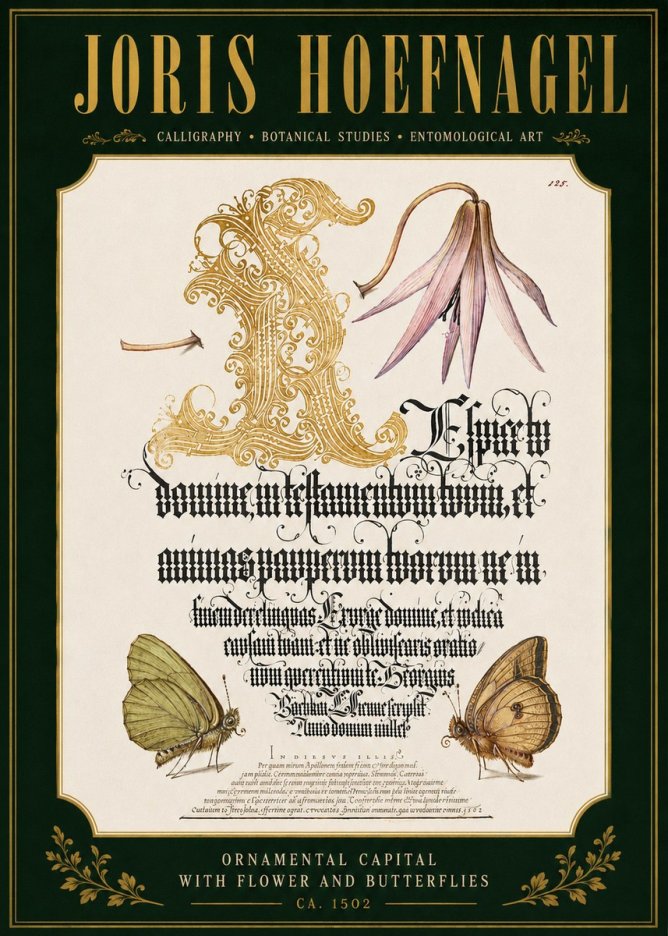 Joris Hoefnagel Ornamental Capital with Flower and Butterflies No4 - Poster