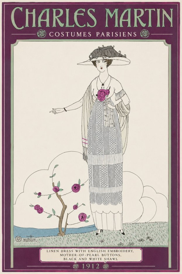 Charles Martin Linen Dress with English Embroidery, Mother-of-pearl Buttons, Black and White Shawl No2 - Poster