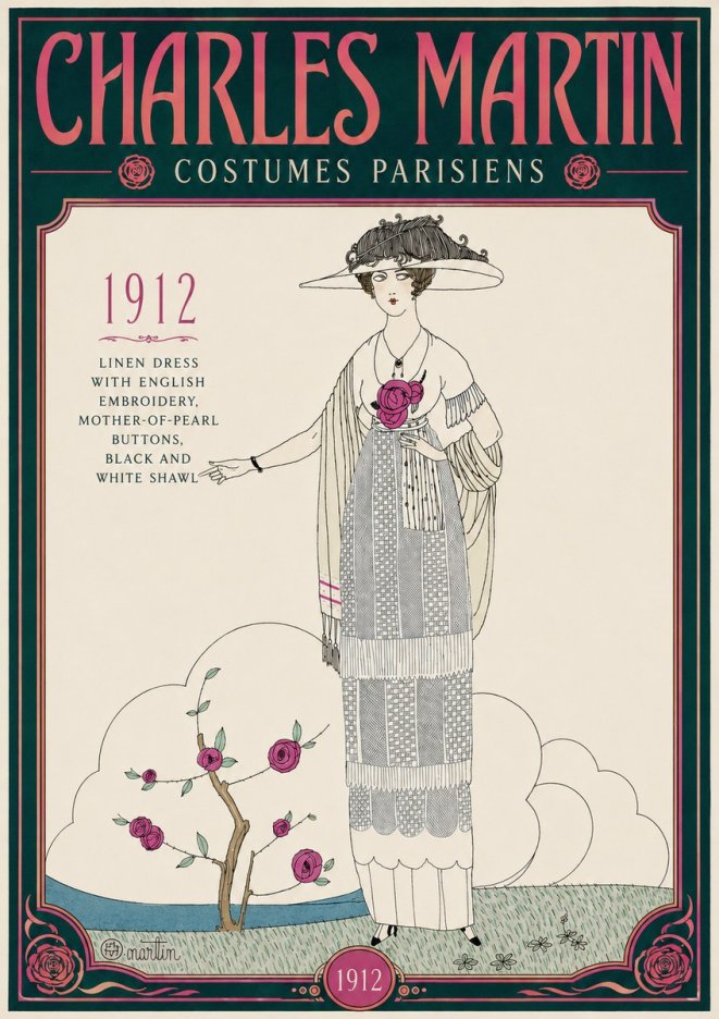 Charles Martin Linen Dress with English Embroidery, Mother-of-pearl Buttons, Black and White Shawl No4 - Poster