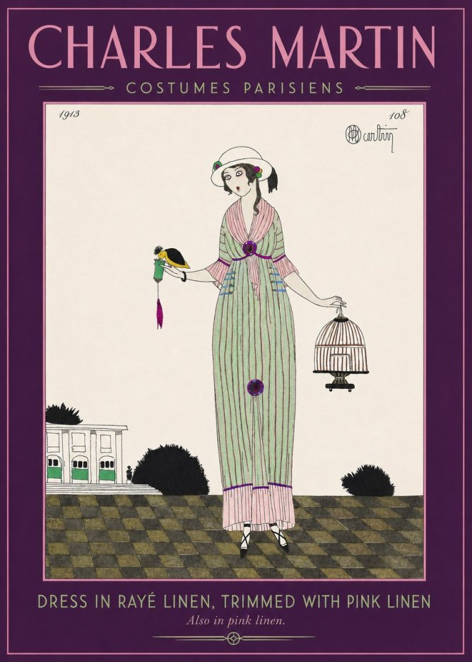 Charles Martin Dress in Rayé Linen, Trimmed with Pink Linen No2 - Poster