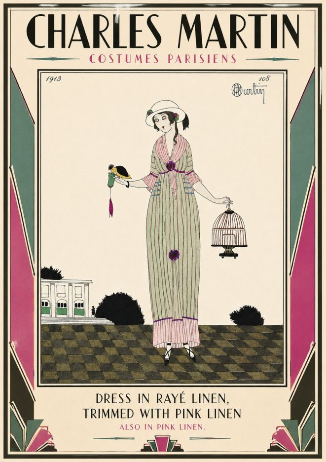 Charles Martin Dress in Rayé Linen, Trimmed with Pink Linen No3 - Poster