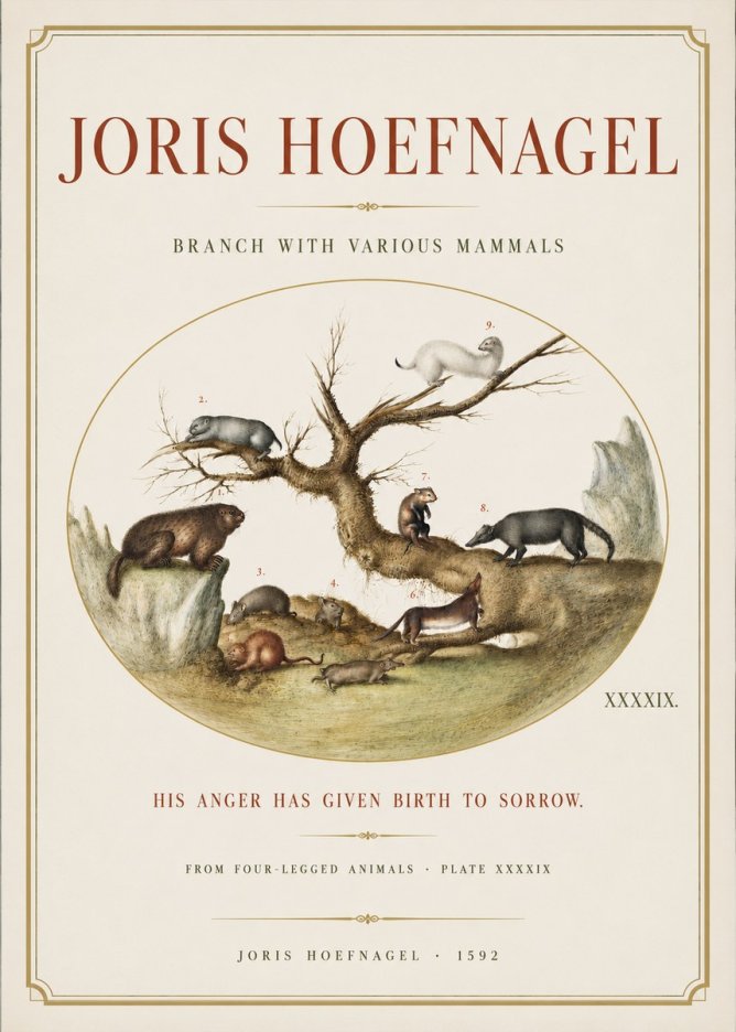 Joris Hoefnagel Branch with Various Mammals No3 - Poster