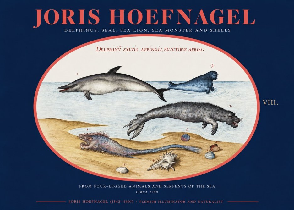 Joris Hoefnagel Delphinus, Seal, Sea Lion, Sea Monster and Shells No2 - Poster