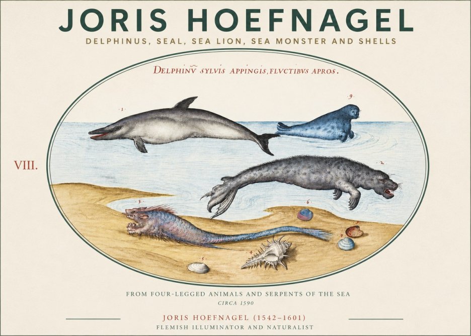 Joris Hoefnagel Delphinus, Seal, Sea Lion, Sea Monster and Shells No3 - Poster