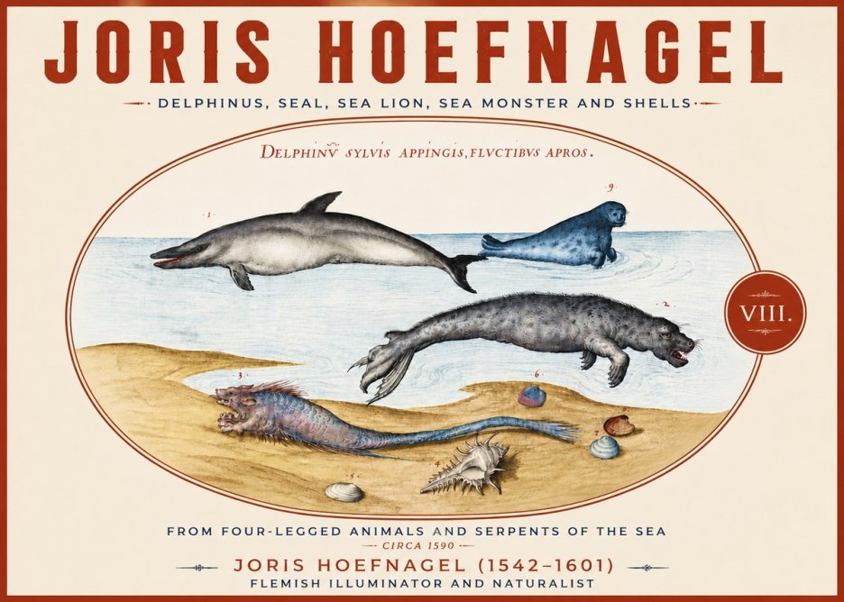 Joris Hoefnagel Delphinus, Seal, Sea Lion, Sea Monster and Shells No5 - Poster
