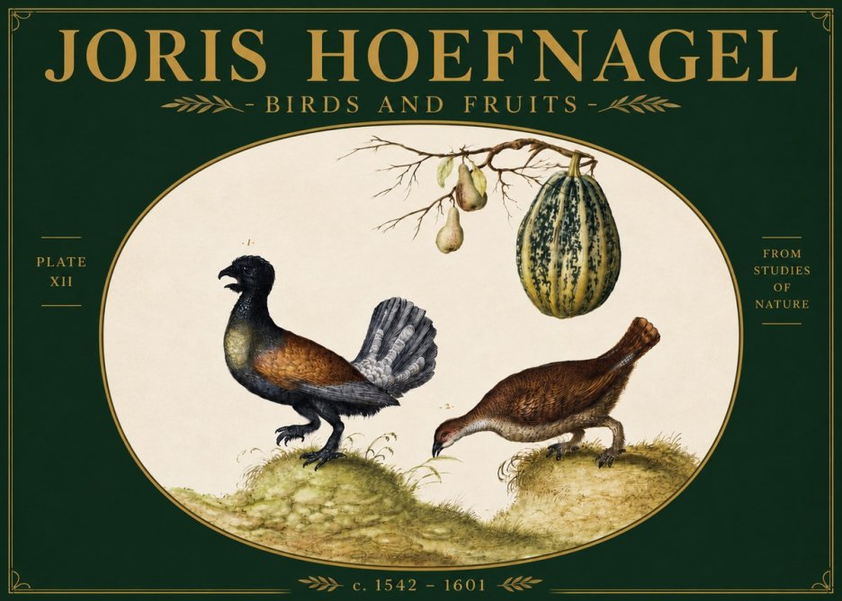 Joris Hoefnagel A Cock and Hen of the Woods with Pears and Gourd No4 - Poster
