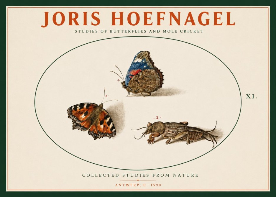 Joris Hoefnagel Studies of Butterflies and Mole Cricket No2 - Poster