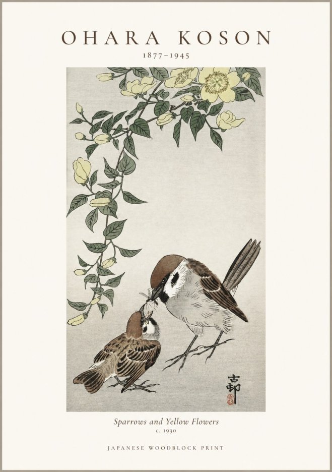 Ohara Koson Sparrows and Yellow Flowers No1 - Poster