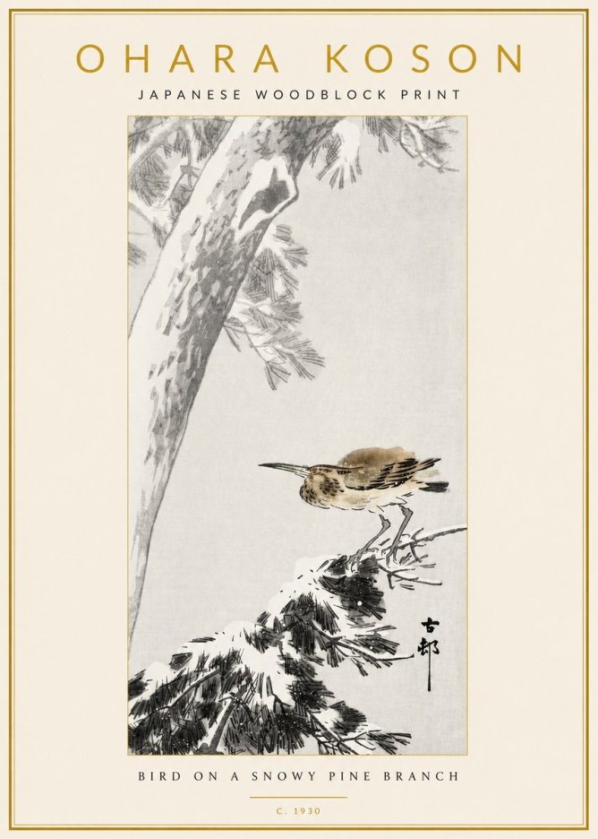 Ohara Koson Bird on a Snowy Pine Branch No3 - Poster