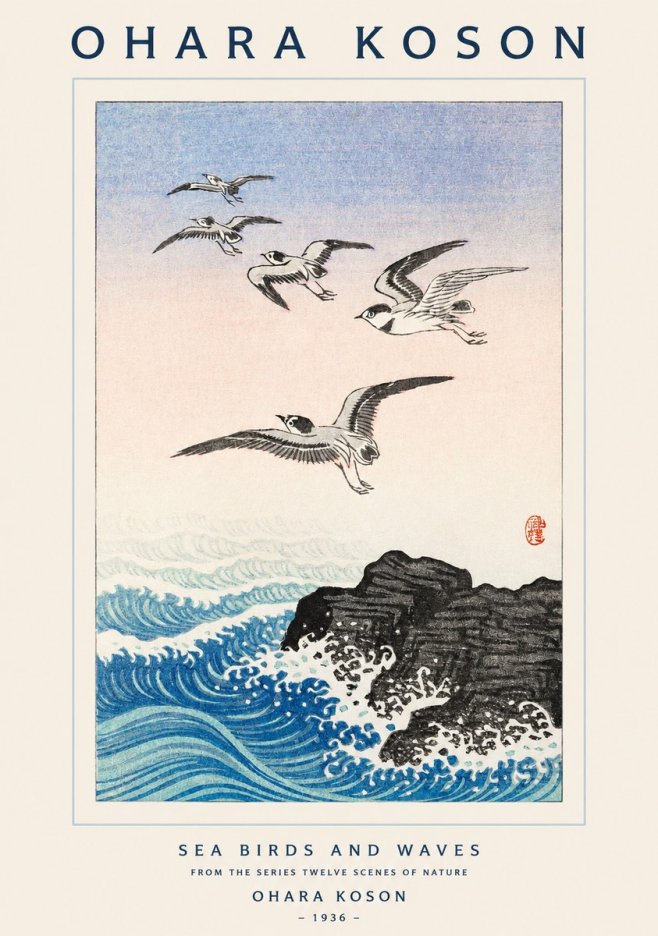 Ohara Koson Sea Birds and Waves No1 - Poster