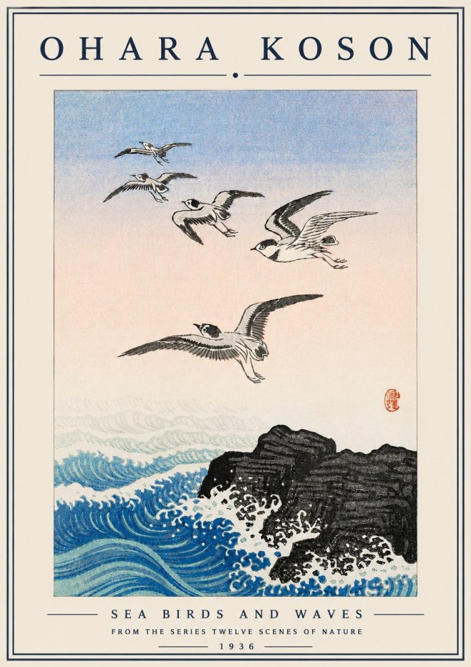 Ohara Koson Sea Birds and Waves No6 - Poster