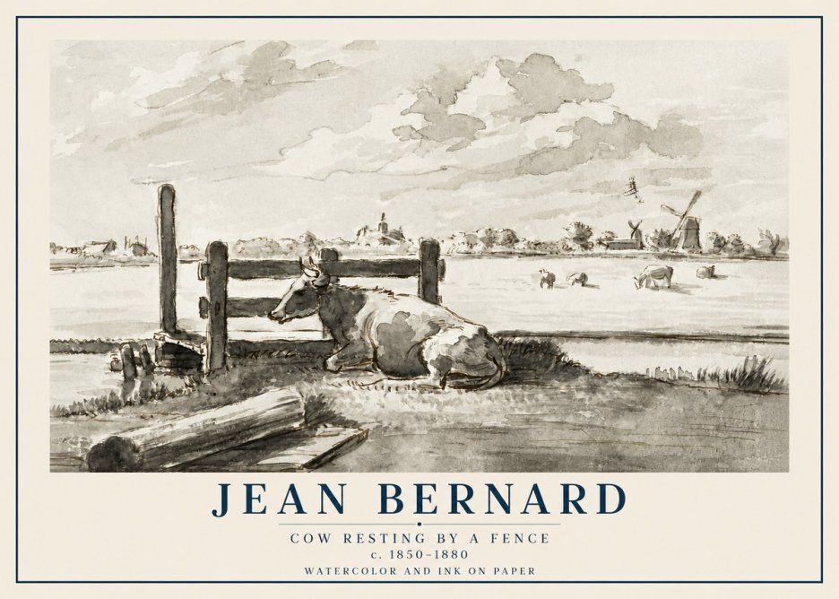 Jean Bernard Cow Resting by a Fence No2 - Poster