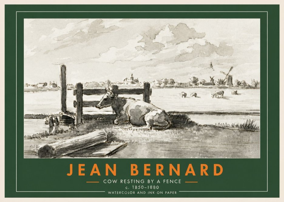 Jean Bernard Cow Resting by a Fence No3 - Poster