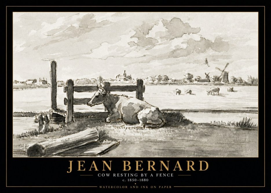 Jean Bernard Cow Resting by a Fence No5 - Poster