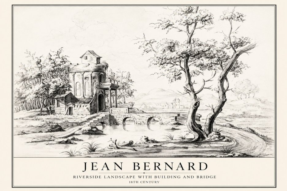 Jean Bernard Riverside Landscape with Bridge and Tower No4 - Poster