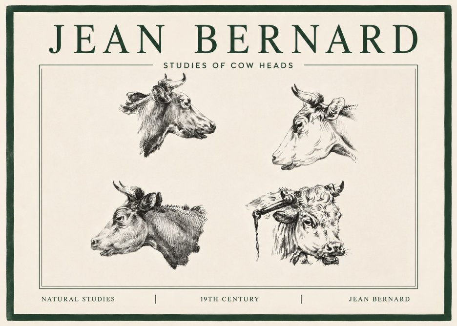 Jean Bernard Studies of Cattle - Four Heads No4 - Poster