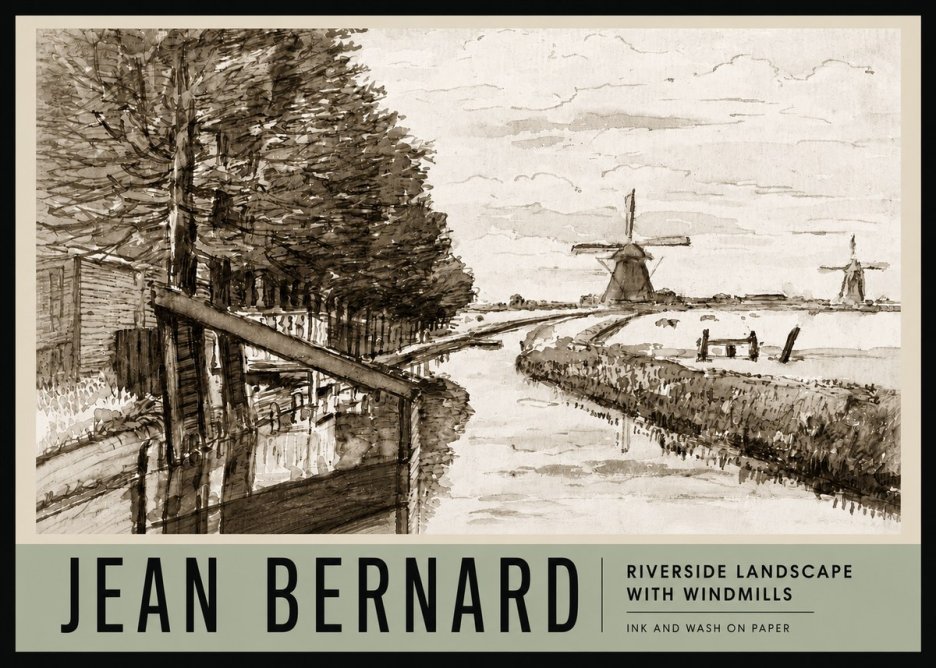 Jean Bernard Riverside Landscape with Windmills No3 - Poster
