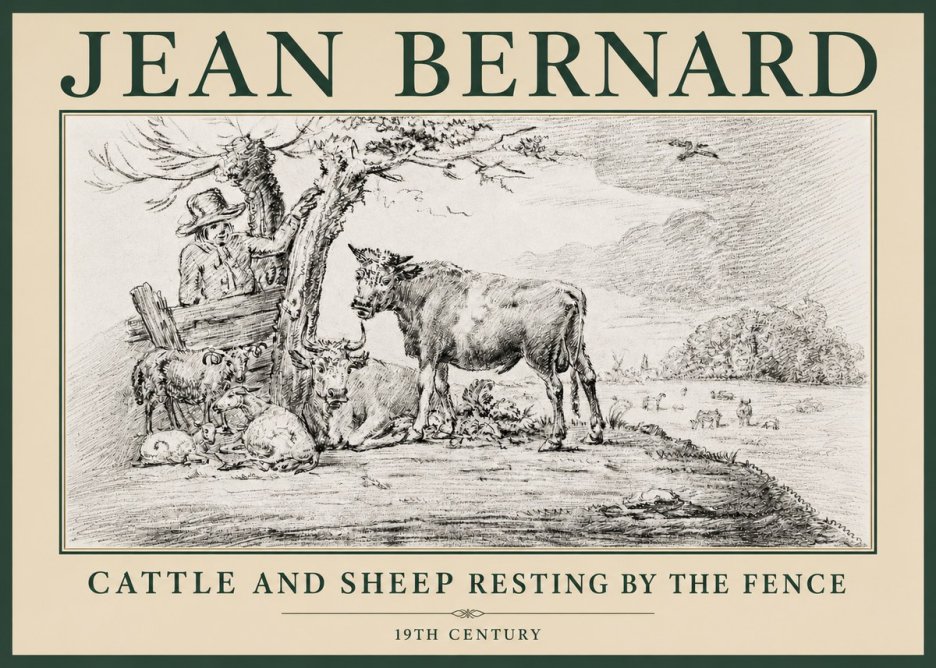 Jean Bernard Cattle and Sheep Resting by the Fence No4 - Poster