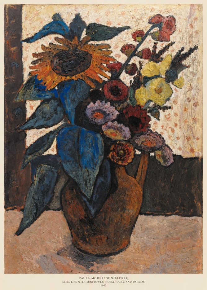 Paula Modersohn-Becker Still Life with Sunflower, Hollyhocks, and Dahlias No6 - Poster