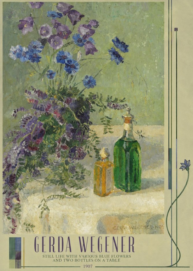 Gerda Wegener Still Life with Various Blue Flowers and Two Bottles on a Table No3 - Poster