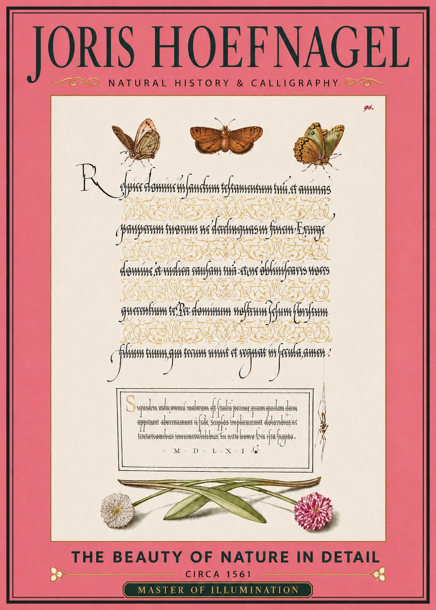 Joris Hoefnagel Butterflies, Flowers and Calligraphy Page No2 - Poster