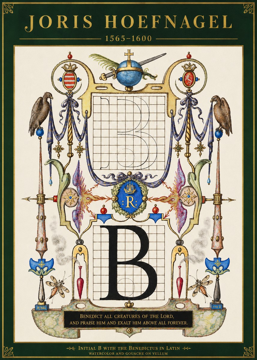 Joris Hoefnagel Initial B with the Benedictus in Latin No3 - Poster