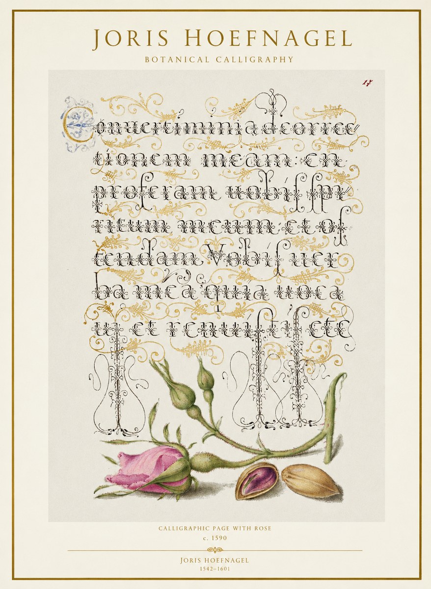 Joris Hoefnagel Calligraphic Page with Rose No1 - Poster