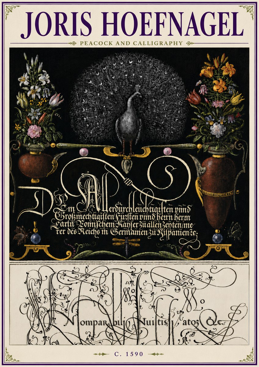 Joris Hoefnagel Peacock and Calligraphy No6 - Poster