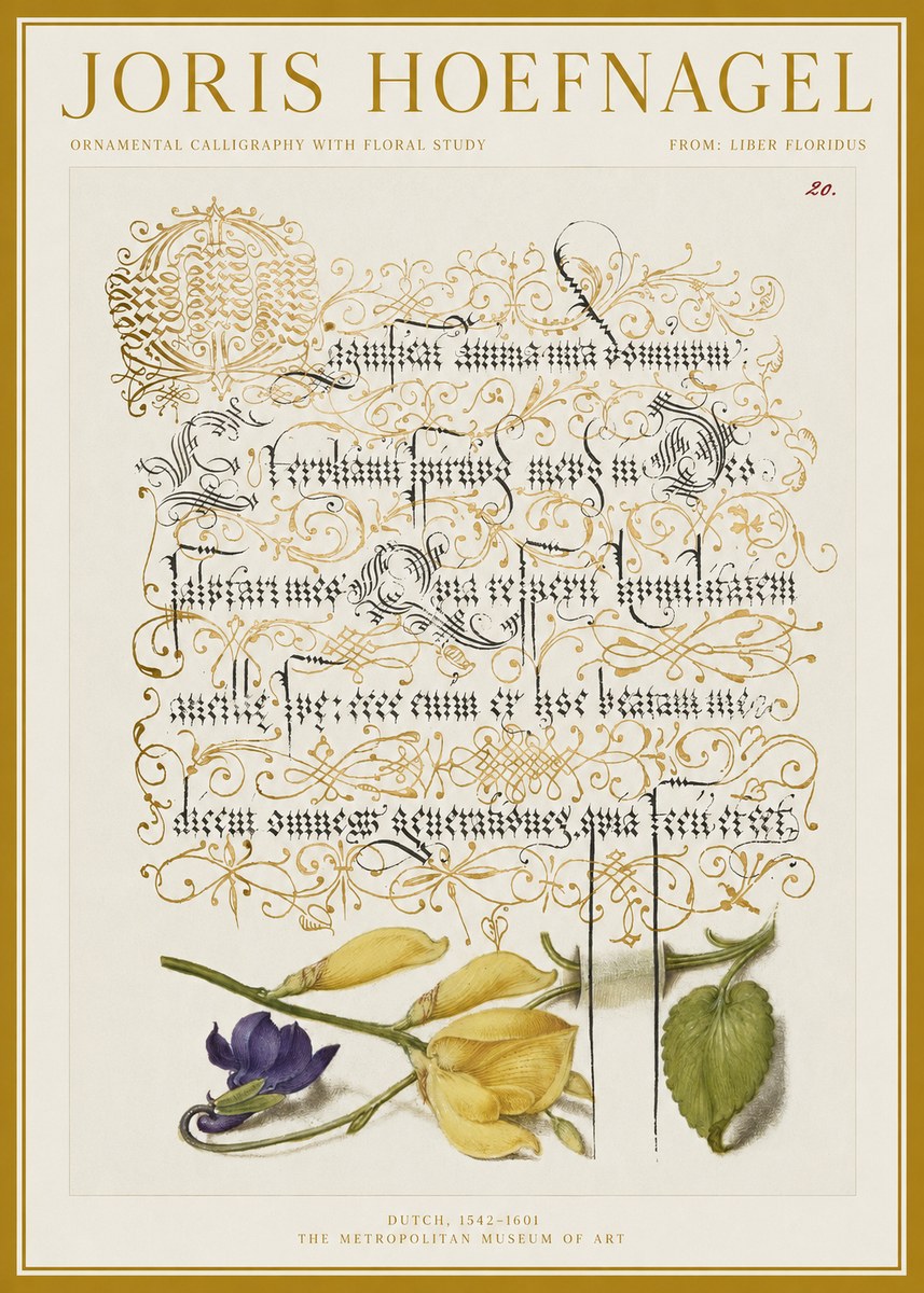 Joris Hoefnagel Ornamental Calligraphy with Floral Study No1 - Poster