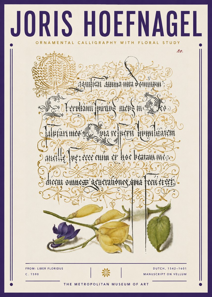 Joris Hoefnagel Ornamental Calligraphy with Floral Study No3 - Poster