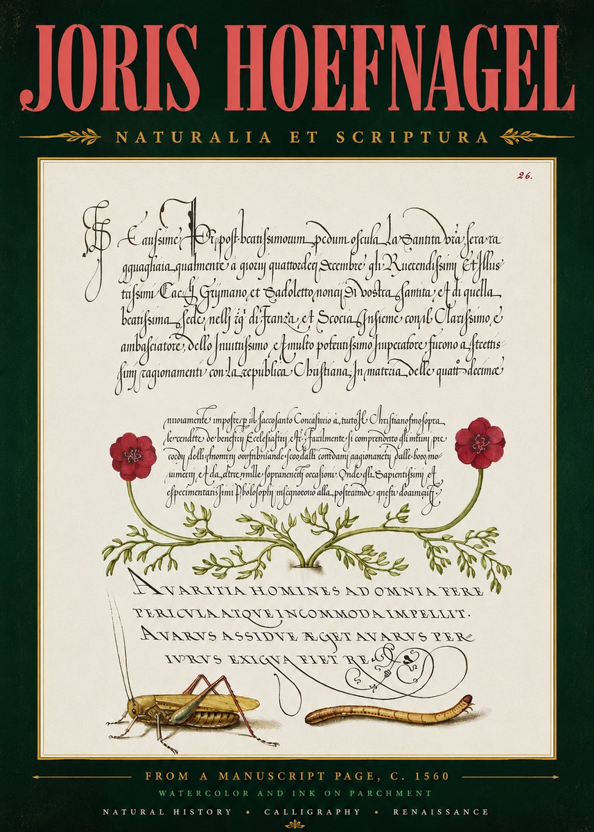 Joris Hoefnagel Illuminated Page with Flowers, Insects & Latin Script No5 - Poster