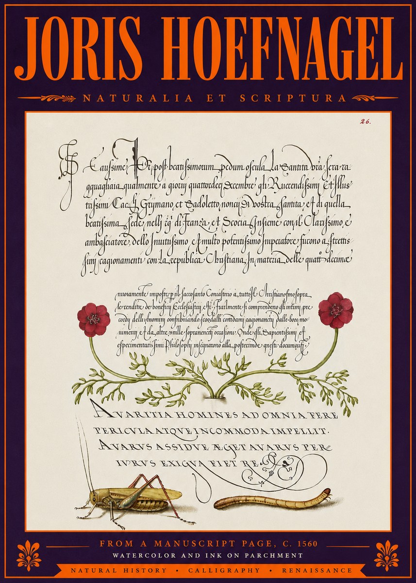 Joris Hoefnagel Illuminated Page with Flowers, Insects & Latin Script No6 - Poster