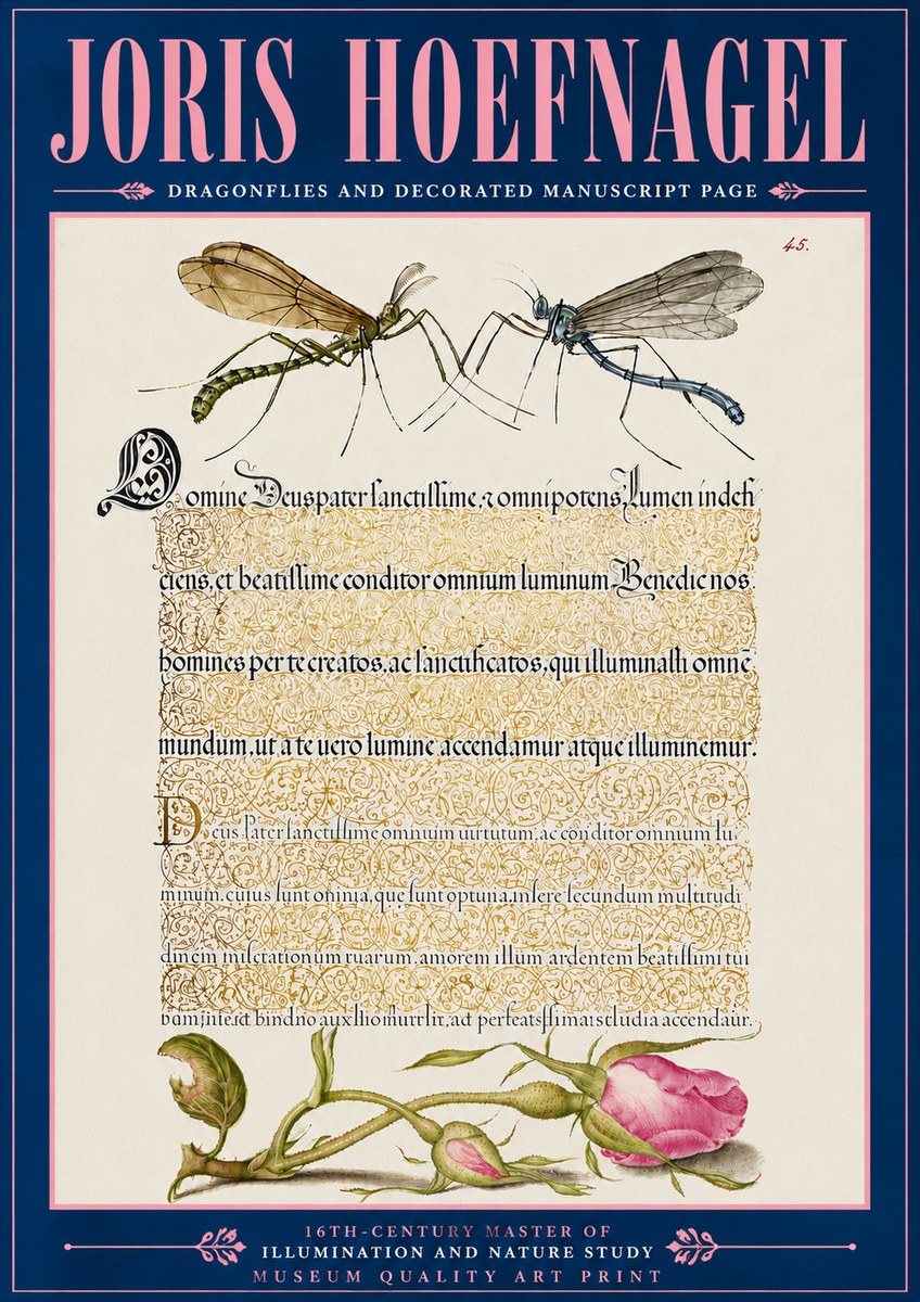 Joris Hoefnagel Dragonflies and Decorated Manuscript Page No6 - Poster