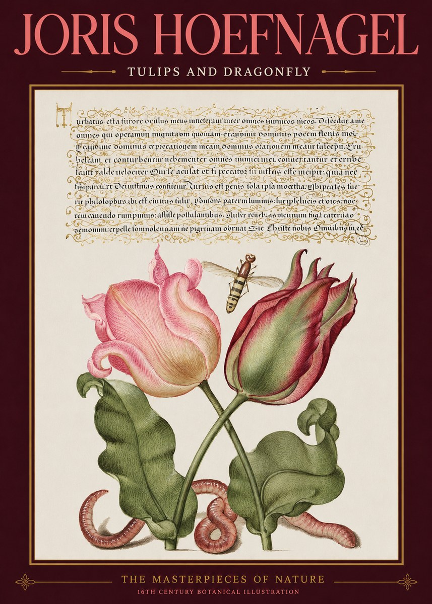 Joris Hoefnagel Two Tulips with Caterpillars and Dragonfly No3 - Poster