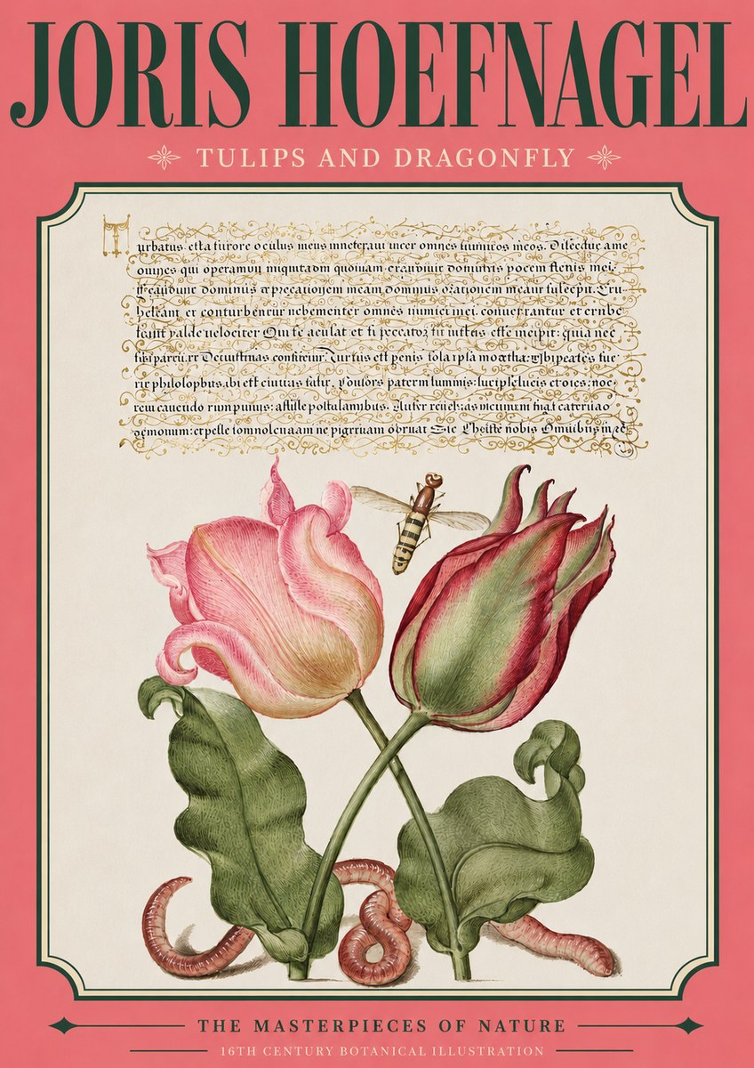 Joris Hoefnagel Two Tulips with Caterpillars and Dragonfly No4 - Poster
