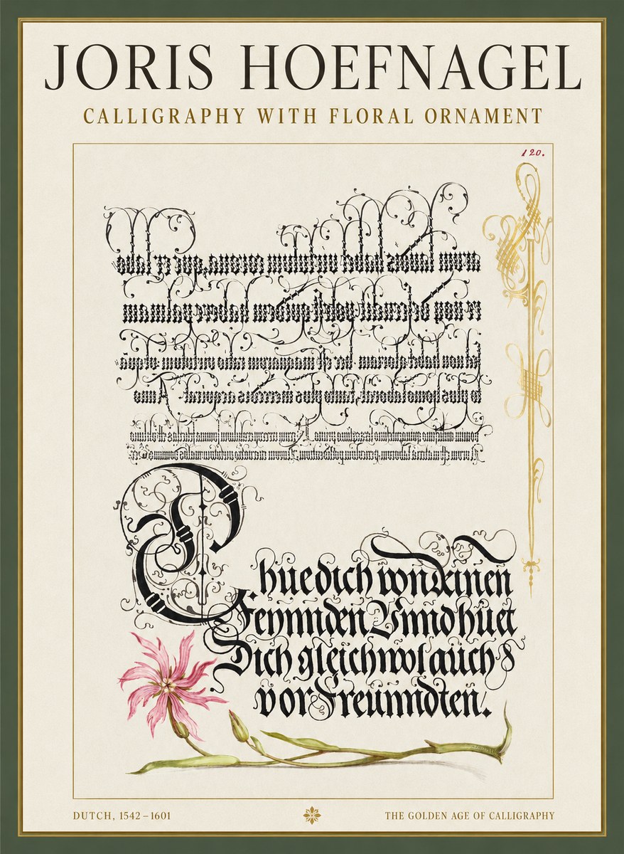 Joris Hoefnagel Calligraphy with Floral Ornament No1 - Poster