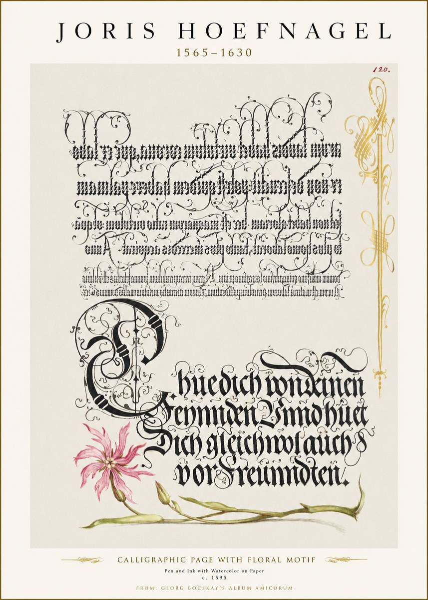 Joris Hoefnagel Calligraphy with Floral Ornament No3 - Poster