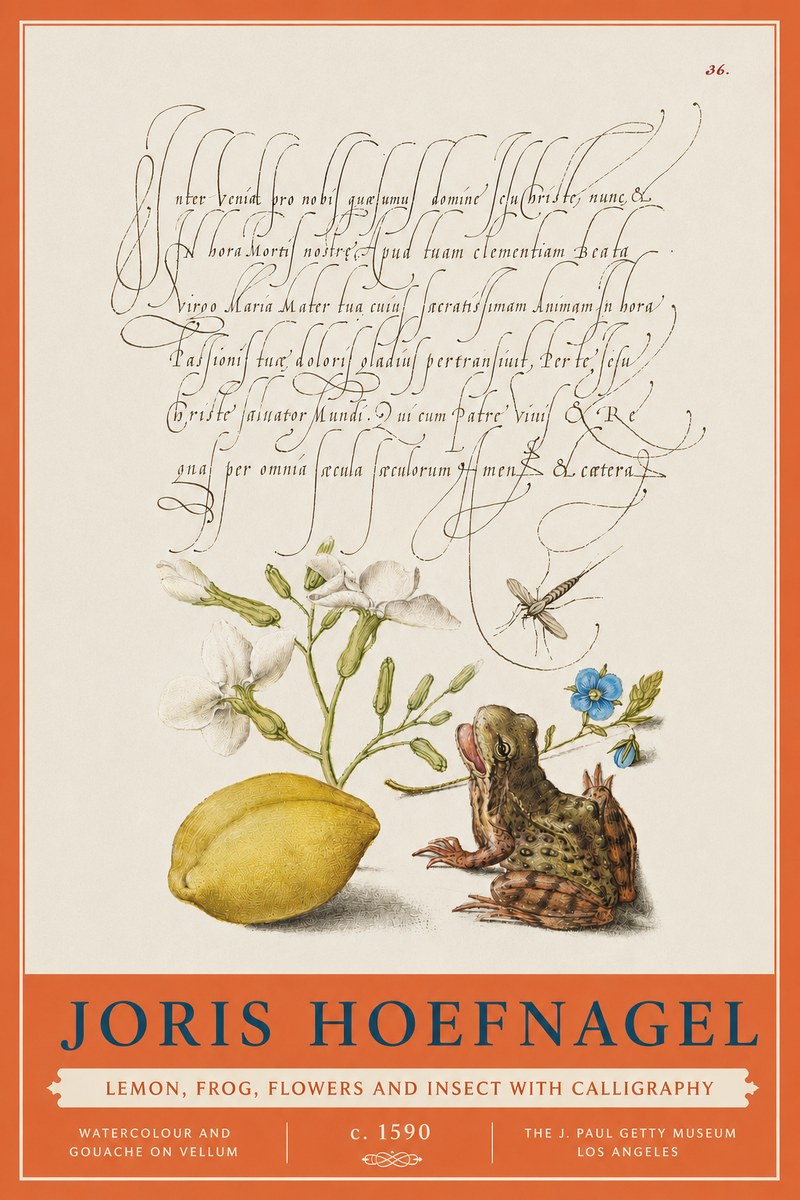 Joris Hoefnagel Nature Study with Lemon, Flowers, Frog & Insect No5 - Poster
