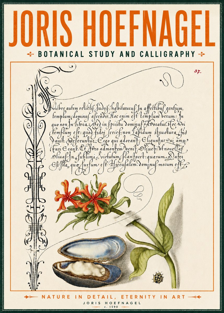 Joris Hoefnagel Botanical Study and Calligraphic Page No4 - Poster