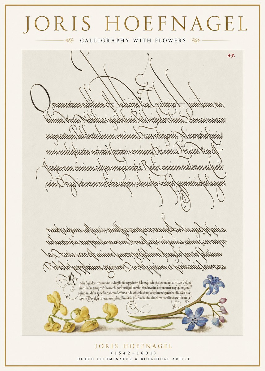 Joris Hoefnagel Calligraphy with Flowers No1 - Poster