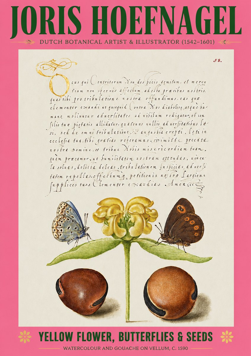 Joris Hoefnagel Yellow Flower, Butterflies & Seeds No2 - Poster