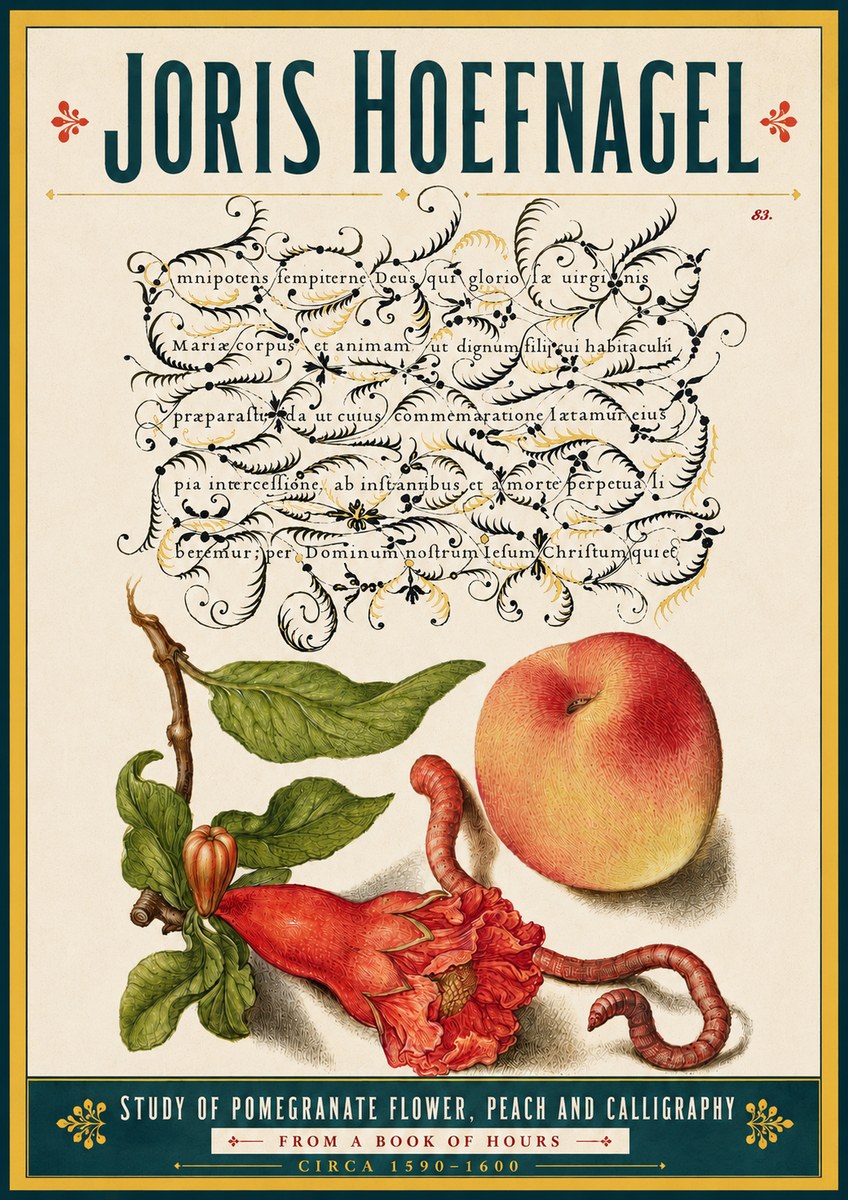 Joris Hoefnagel Study of Pomegranate Flower, Peach and Calligraphy from a Book of Hours No5 - Poster