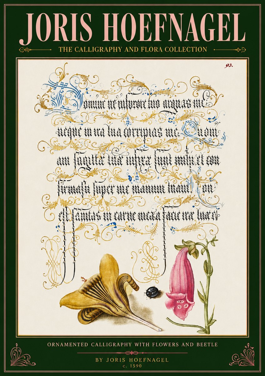 Joris Hoefnagel Ornamented Calligraphy with Flowers and Beetle No4 - Poster