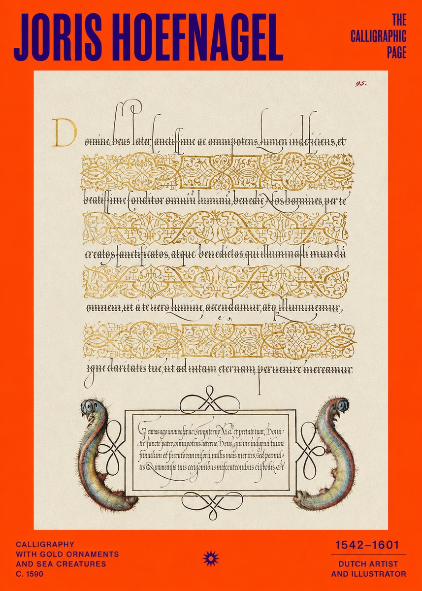 Joris Hoefnagel Calligraphic Page with Gold Ornaments and Sea Creatures No2 - Poster