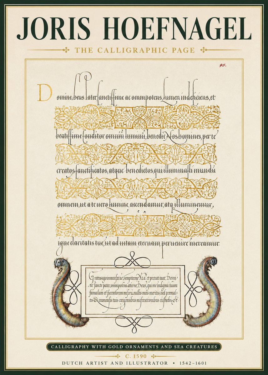 Joris Hoefnagel Calligraphic Page with Gold Ornaments and Sea Creatures No3 - Poster