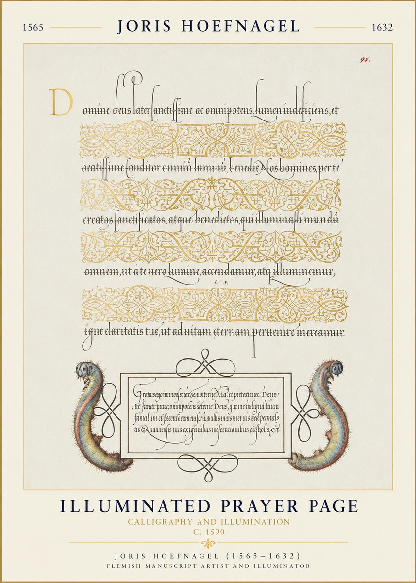 Joris Hoefnagel Calligraphic Page with Gold Ornaments and Sea Creatures No6 - Poster