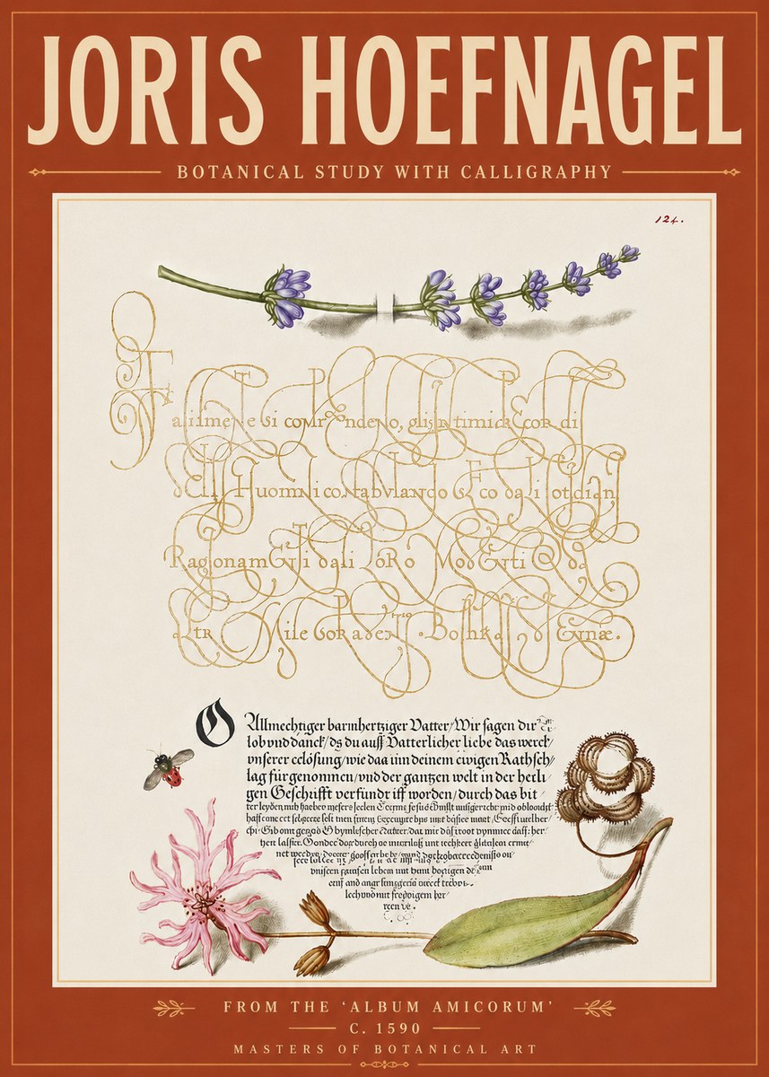 Joris Hoefnagel Botanical Study with Calligraphy IV No6 - Poster