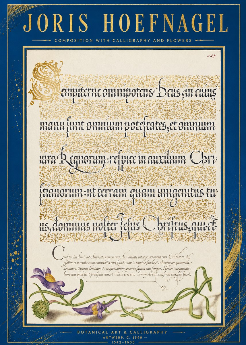 Joris Hoefnagel Composition with Calligraphy and Flowers No2 - Poster