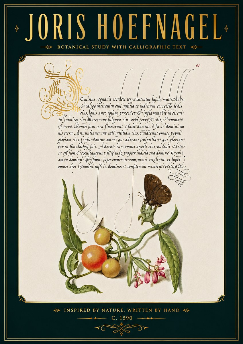 Joris Hoefnagel Botanical Study with Calligraphic Text No5 - Poster