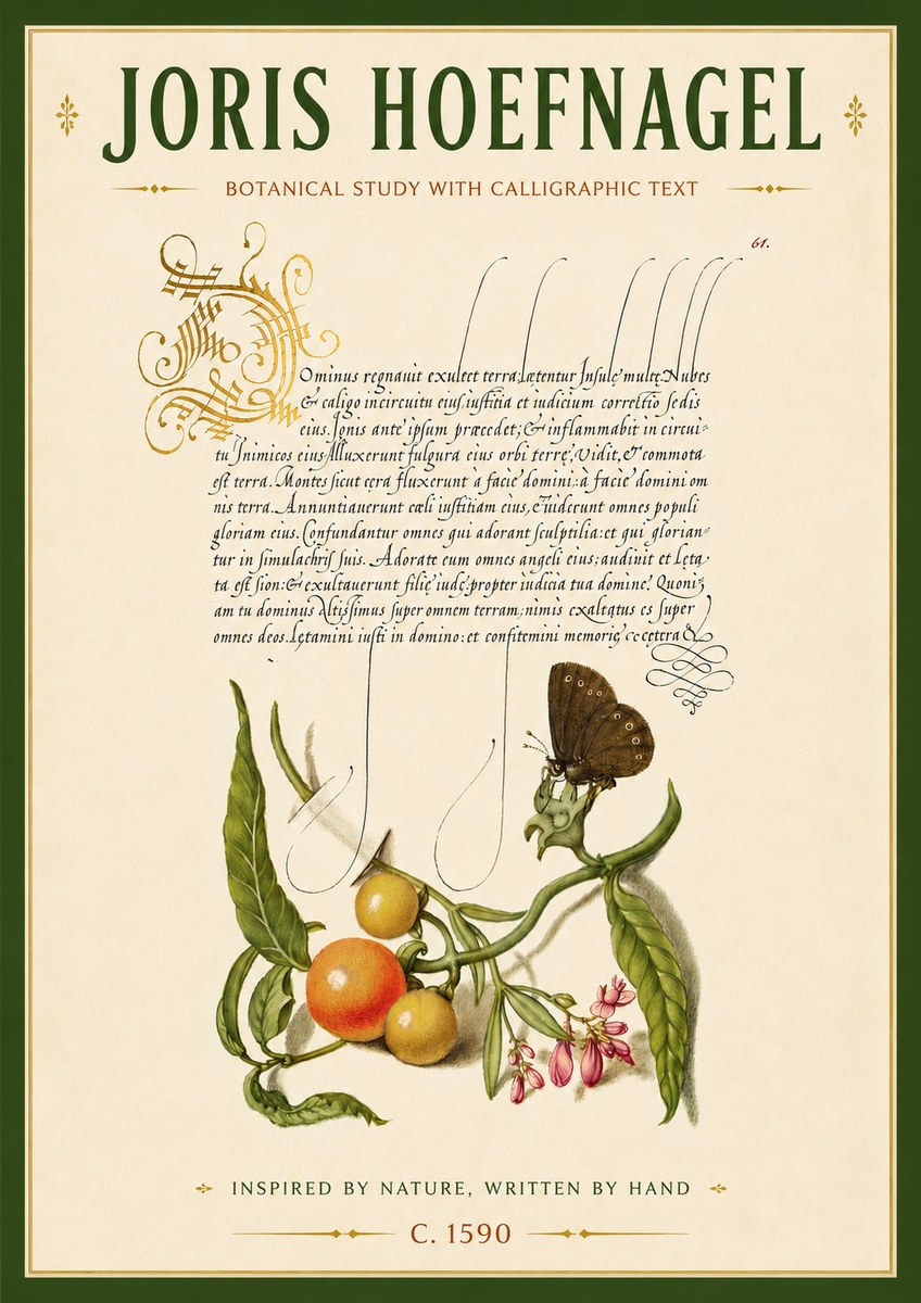 Joris Hoefnagel Botanical Study with Calligraphic Text No6 - Poster